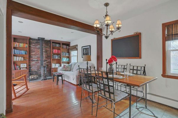 Chandelier, Dining room, Interior, Stone Walls, Wooden Beams, Wood Texture Flooring