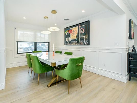 Dining room, Interior, Pendant Lights, Recessed Lighting, Wood Texture Flooring
