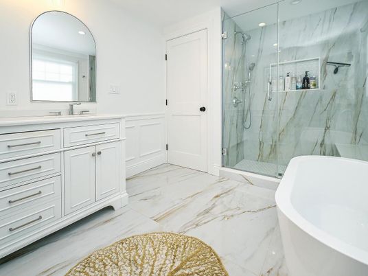 Bathroom, Dual Sink Vanities, Free Standing Baths, Glass Shower, Interior, Marble, Marble Walls, Recessed Lighting