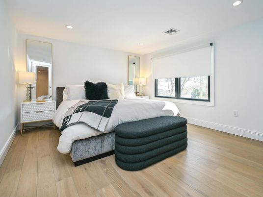 Bedroom, Interior, Recessed Lighting, Wood Texture Flooring