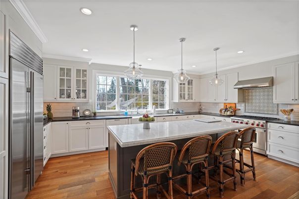 Interior, Kitchen, Pendant Lights, Recessed Lighting, Stainless Steel Appliances, Wood Texture Flooring