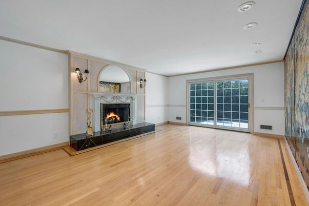 Empty room, Fireplace, Interior, Recessed Lighting, Wood Texture Flooring
