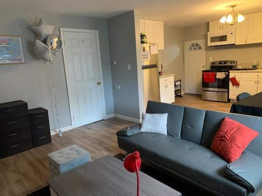 Chandelier, Interior, Kitchen, Living room, Stainless Steel Appliances, Wood Texture Flooring