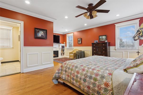 Bedroom, Fireplace, Interior, Recessed Lighting, Wood Texture Flooring