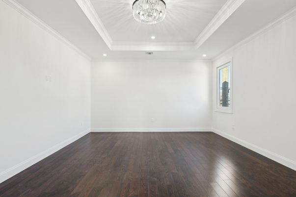 Chandelier, Empty room, Interior, Recessed Lighting, Wood Texture Flooring