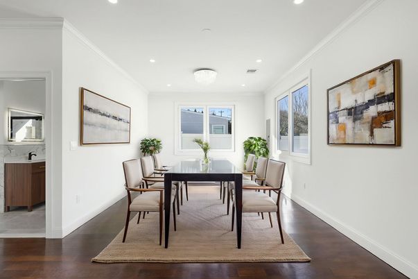 Dining room, Interior, Recessed Lighting, Wood Texture Flooring