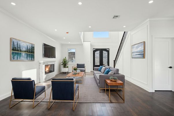 Fireplace, Interior, Living room, Recessed Lighting, Wood Texture Flooring