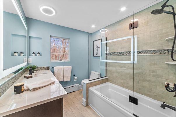 Bathroom, Glass Shower, Interior, Recessed Lighting, Wood Texture Flooring