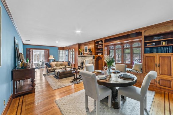 Dining room, Fireplace, Interior, Living room, Recessed Lighting, Wood Texture Flooring, Wooden Walls