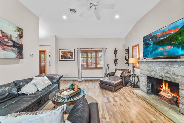 Fireplace, Interior, Living room, Recessed Lighting, Wood Texture Flooring