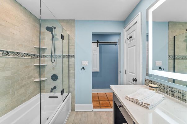 Bathroom, Glass Shower, Interior, Stone Walls, Wood Texture Flooring