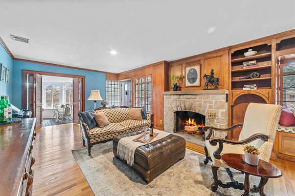 Fireplace, Interior, Living room, Recessed Lighting, Wood Texture Flooring, Wooden Walls