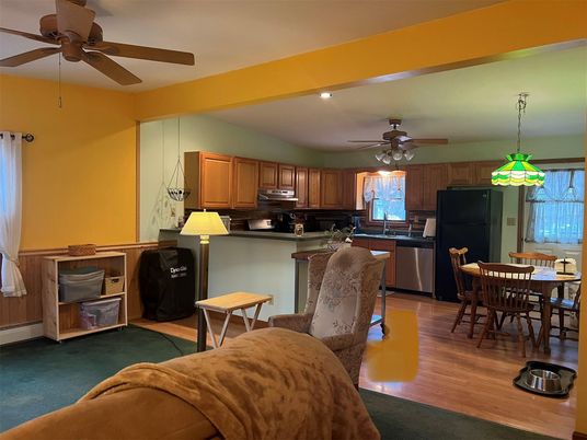 Dining room, Interior, Kitchen, Pendant Lights, Recessed Lighting, Wood Texture Flooring