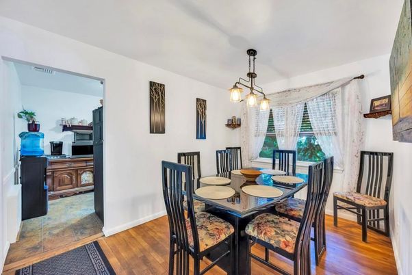 Dining room, Interior, Pendant Lights, Wood Texture Flooring