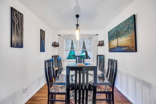 Dining room, Interior, Pendant Lights, Wood Texture Flooring
