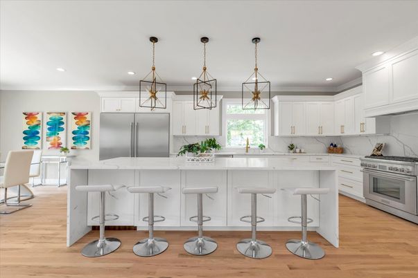 Interior, Kitchen, Marble Walls, Pendant Lights, Recessed Lighting, Stainless Steel Appliances, Wood Texture Flooring