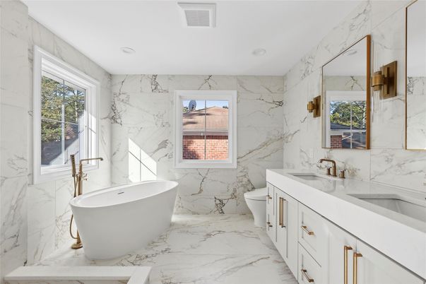 Bathroom, Dual Sink Vanities, Free Standing Baths, Interior, Marble, Marble Walls, Recessed Lighting