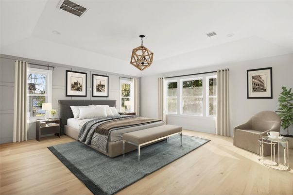 Bedroom, Interior, Pendant Lights, Wood Texture Flooring