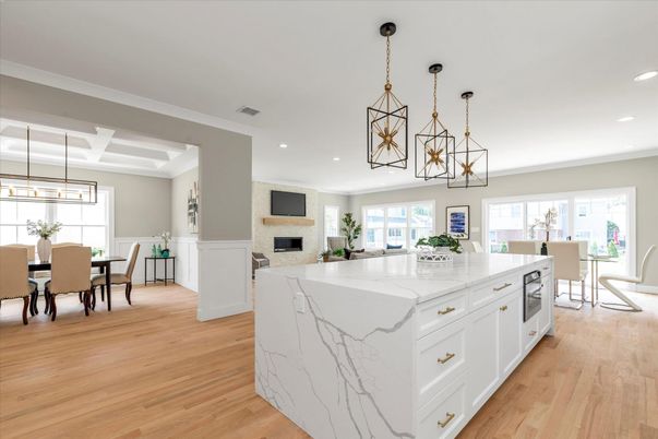 Chandelier, Dining room, Fireplace, Interior, Kitchen, Pendant Lights, Recessed Lighting, Wood Texture Flooring