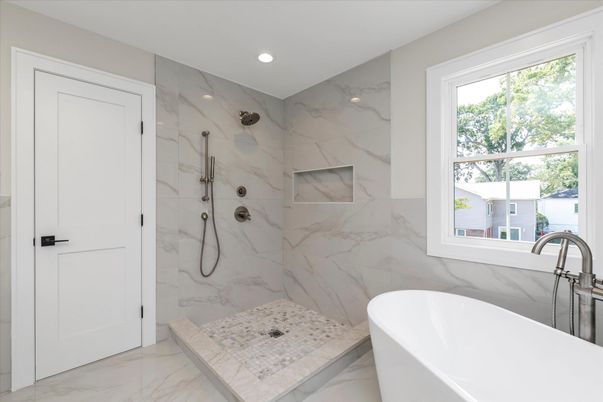 Bathroom, Free Standing Baths, Glass Shower, Interior, Marble, Marble Walls, Recessed Lighting