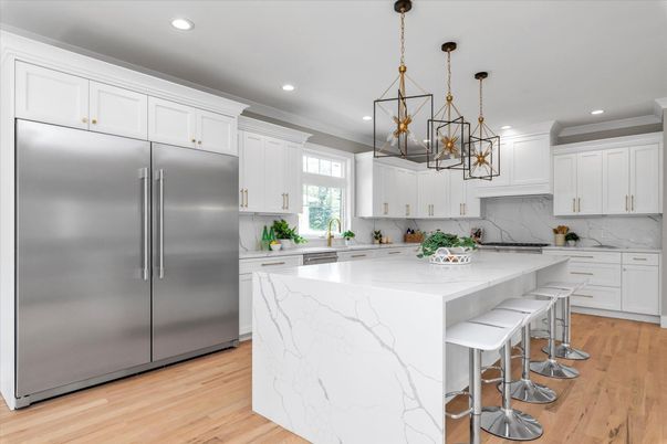 Interior, Kitchen, Marble Walls, Pendant Lights, Recessed Lighting, Stainless Steel Appliances, Wood Texture Flooring