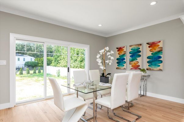 Dining room, Interior, Recessed Lighting, Wood Texture Flooring
