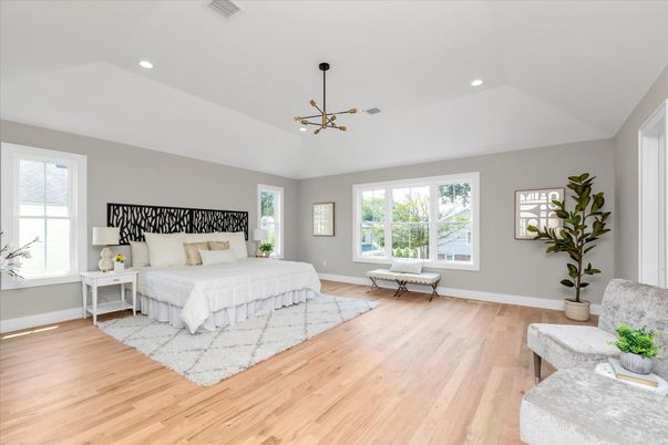Bedroom, Interior, Pendant Lights, Recessed Lighting, Wood Texture Flooring