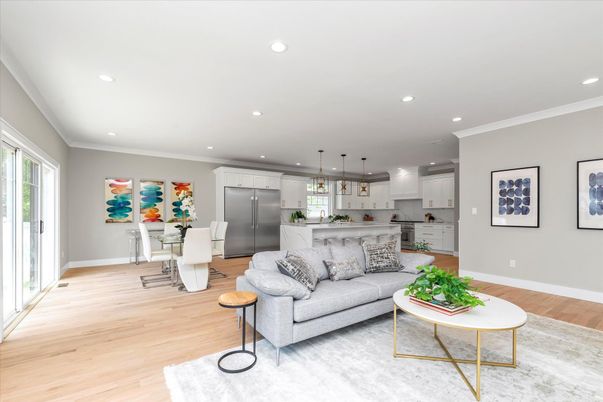 Dining room, Interior, Kitchen, Living room, Pendant Lights, Recessed Lighting, Stainless Steel Appliances, Wood Texture Flooring