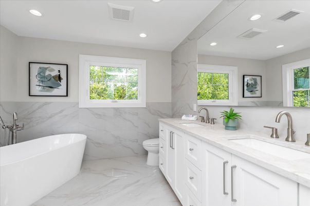 Bathroom, Dual Sink Vanities, Free Standing Baths, Interior, Marble, Marble Walls, Recessed Lighting