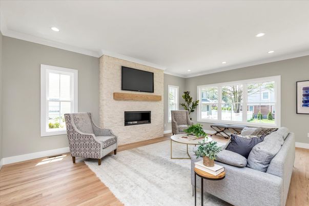 Fireplace, Interior, Living room, Recessed Lighting, Wood Texture Flooring
