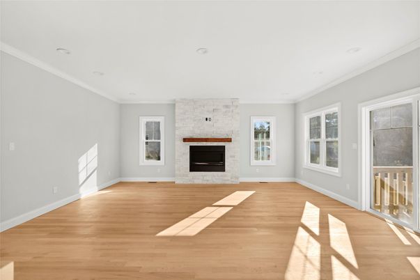 Empty room, Fireplace, Interior, Recessed Lighting, Wood Texture Flooring