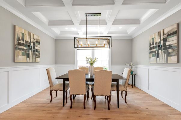 Chandelier, Dining room, Interior, Pendant Lights, Recessed Lighting, Wood Texture Flooring
