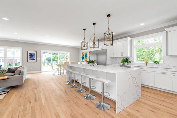 Dining room, Interior, Kitchen, Marble Walls, Pendant Lights, Recessed Lighting, Wood Texture Flooring