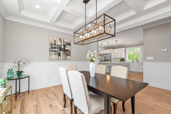 Dining room, Interior, Kitchen, Pendant Lights, Recessed Lighting, Wood Texture Flooring