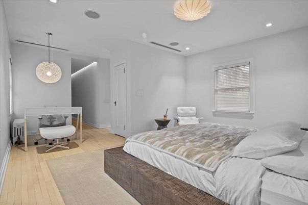 Bedroom, Interior, Pendant Lights, Recessed Lighting, Wood Texture Flooring