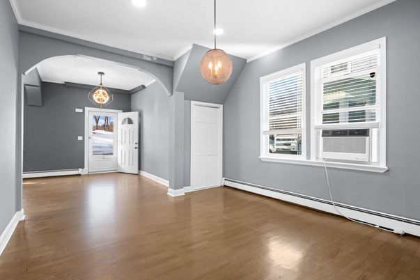 Empty room, Interior, Pendant Lights, Recessed Lighting, Wood Texture Flooring