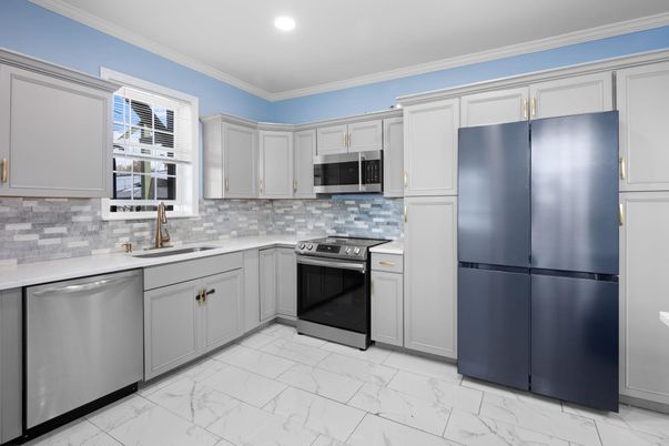Interior, Kitchen, Marble, Recessed Lighting, Stainless Steel Appliances