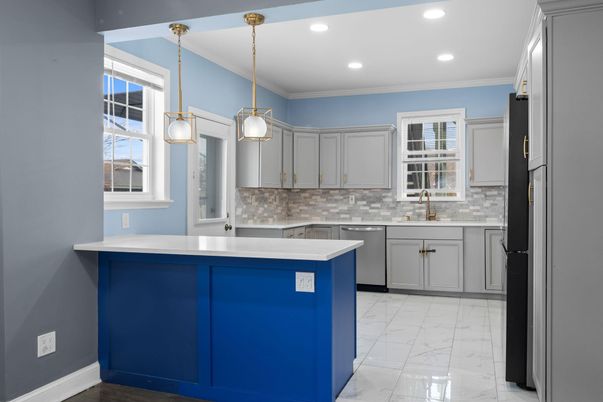 Interior, Kitchen, Marble, Pendant Lights, Recessed Lighting, Stainless Steel Appliances