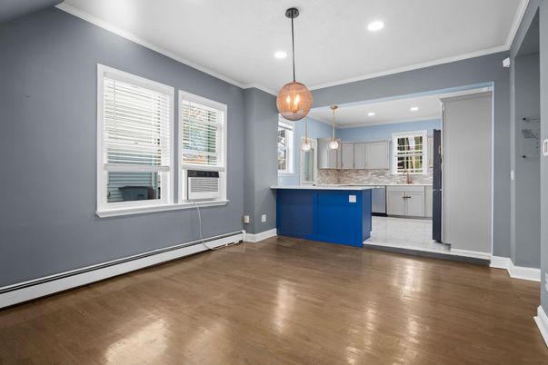 Interior, Kitchen, Pendant Lights, Recessed Lighting, Wood Texture Flooring