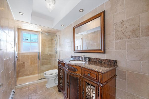 Bathroom, Glass Shower, Interior, Recessed Lighting, Stone Walls
