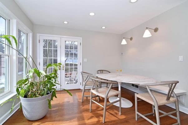Dining room, Interior, Recessed Lighting, Wood Texture Flooring