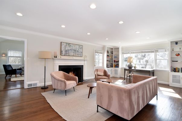 Fireplace, Interior, Living room, Recessed Lighting, Wood Texture Flooring