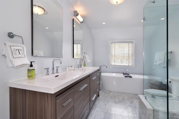 Bathroom, Dual Sink Vanities, Free Standing Baths, Interior, Marble, Recessed Lighting