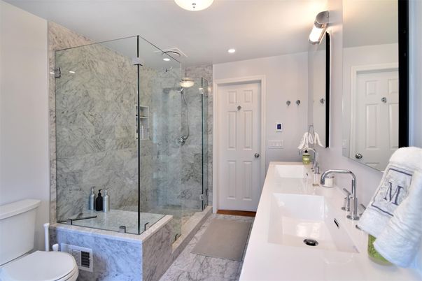 Bathroom, Glass Shower, Interior, Marble, Marble Walls, Recessed Lighting