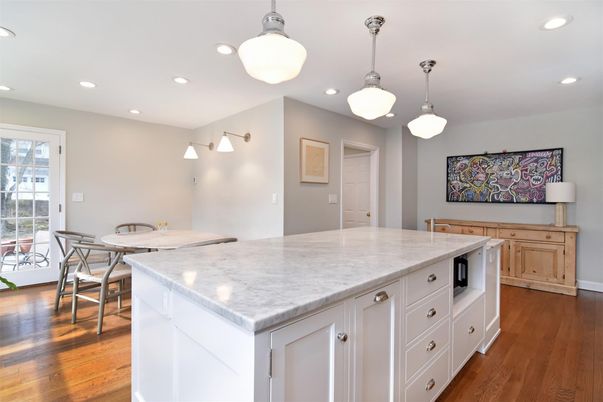 Dining room, Interior, Kitchen, Pendant Lights, Recessed Lighting, Wood Texture Flooring