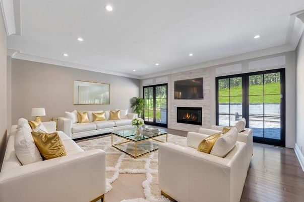 Fireplace, Interior, Living room, Recessed Lighting, Wood Texture Flooring