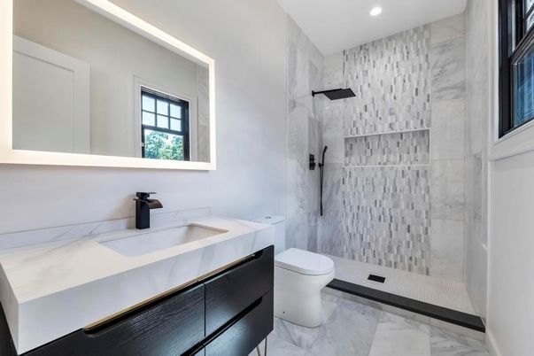 Bathroom, Glass Shower, Interior, Marble, Marble Walls, Recessed Lighting