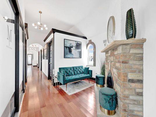 Fireplace, Interior, Pendant Lights, Wood Texture Flooring