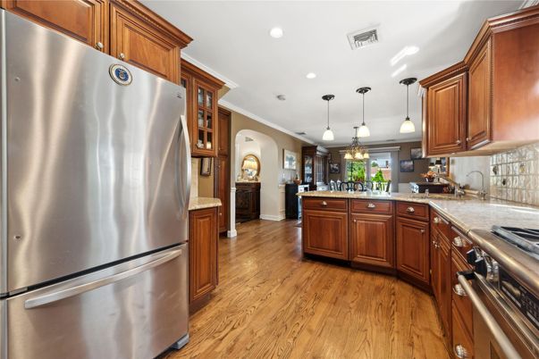 Interior, Kitchen, Pendant Lights, Recessed Lighting, Stainless Steel Appliances, Wood Texture Flooring