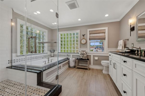 Bathroom, Interior, Recessed Lighting, Wood Texture Flooring